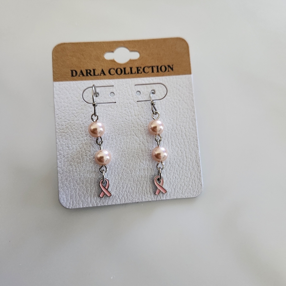 Darla Collection Silver Tone Pink Imitation Pearl Cancer Awareness Earrings